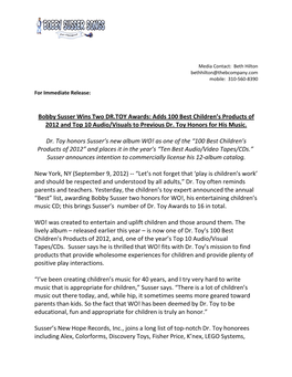Bobby Susser Wins Two DR.TOY Awards: Adds 100 Best Children's