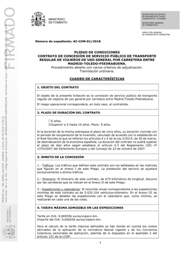 Pliego De Condiciones Contrato De Concesión De Servicio Público De Transporte Regular De Viajeros De Uso General Por Carretera Entre Madrid-Toledo-Piedrabuena