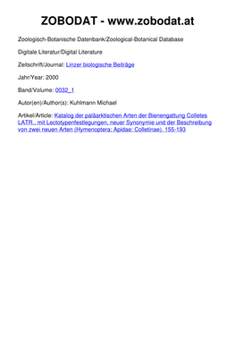 Katalog Der Paläarktischen Arten Der Bienengattung Colletes LATR., Mit