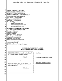 Robert Rahimi , Et Al. V. Tesla Motors, Inc., Et Al. 13-CV-05216-Class