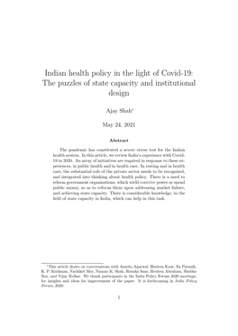 Indian Health Policy in the Light of Covid-19: the Puzzles of State Capacity and Institutional Design