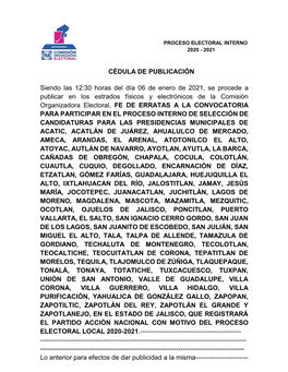 CÉDULA DE PUBLICACIÓN Siendo Las 12:30 Horas Del Día 06 De Enero