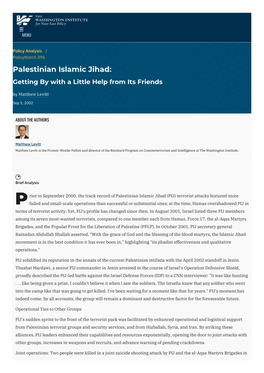 Palestinian Islamic Jihad: Getting by with a Little Help from Its Friends by Matthew Levitt