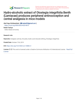 Hydro-Alcoholic Extract of Otostegia Integrifolia Benth (Lamiacae) Produces Peripheral Antinociception and Central Analgesia in Mice Models