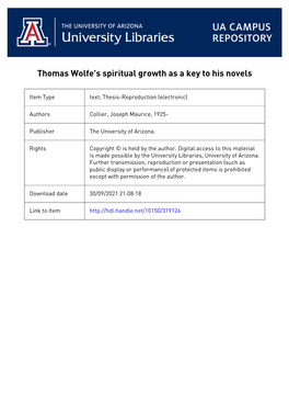 Thomas Wolfe1s Spiritual Growth As a Key to His
