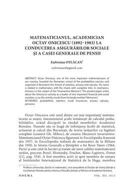 Matematicianul, Academician Octav Onicescu (1892–1983) La Conducerea Asigurărilor Sociale Şi a Casei Generale De Pensii