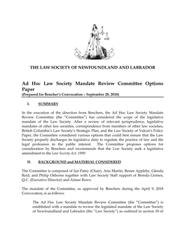 Ad Hoc Law Society Mandate Review Committee Options Paper (Prepared for Bencher’S Convocation – September 28, 2018)