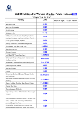 List of Holidays for Workers of India - Public Holidays2021 חגים של עובדים מ הודו חתימת העובד .Holiday Date Worker Sign