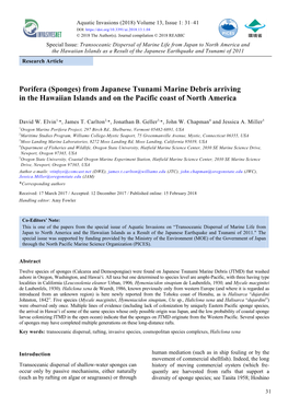 Porifera (Sponges) from Japanese Tsunami Marine Debris Arriving in the Hawaiian Islands and on the Pacific Coast of North America