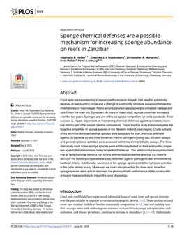 Sponge Chemical Defenses Are a Possible Mechanism for Increasing Sponge Abundance on Reefs in Zanzibar