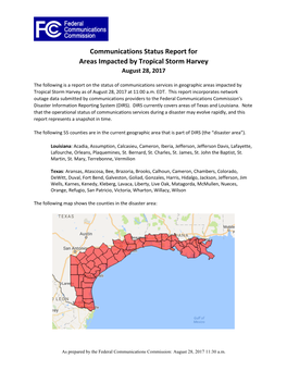 Communications Status Report for Areas Impacted by Tropical Storm Harvey August 28, 2017