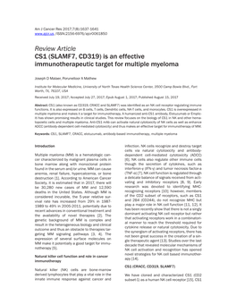 Review Article CS1 (SLAMF7, CD319) Is an Effective Immunotherapeutic Target for Multiple Myeloma