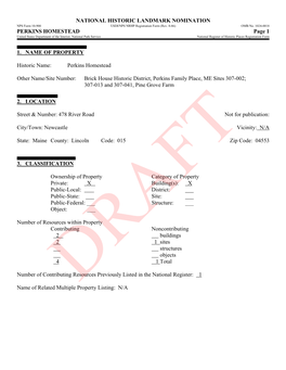 PERKINS HOMESTEAD Page 1 United States Department of the Interior, National Park Service National Register of Historic Places Registration Form