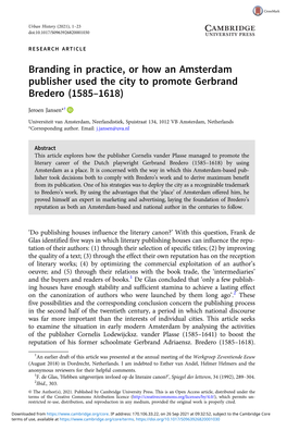 Branding in Practice, Or How an Amsterdam Publisher Used the City to Promote Gerbrand Bredero (1585–1618)