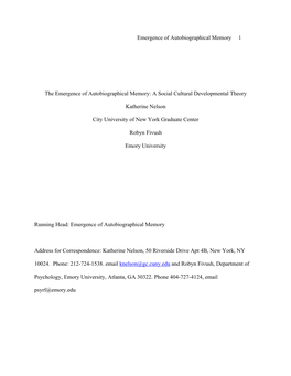 The Emergence of Autobiographical Memory: a Social Cultural Developmental Theory