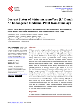 Current Status of Withania Somnifera (L.) Dunal: an Endangered Medicinal Plant from Himalaya