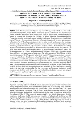 RESOURCE-USE EFFICIENCY of FLUTED PUMPKIN (TELFARIAOCCIDENTALIS) PRODUCTION AS AID to POVERTY ALLEVIATION in SOUTH-SOUTH PART of NIGERIA Okpeke M