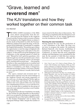 “Grave, Learned and Reverend Men” the KJV Translators and How They Worked Together on Their Common Task Eric Marshall
