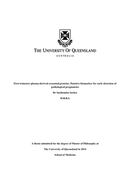 First Trimester Plasma-Derived Exosomal Proteins: Putative Biomarker for Early Detection of Pathological Pregnancies