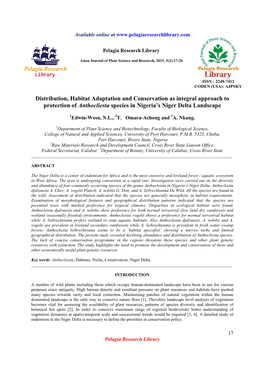 Distribution, Habitat Adaptation and Conservation As Integral Approach to Protection of Anthocliesta Species in Nigeria's Nige