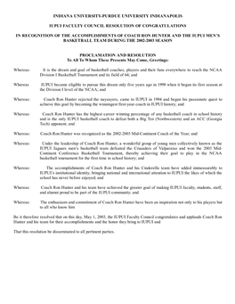 Indiana Universitypurdue University Indianapolis Iupui Faculty Council Resolution of Congratulations in Recognition