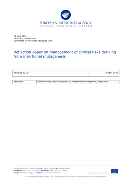 Reflection Paper on the Clinical Risks Deriving from Insertional Mutagenesis