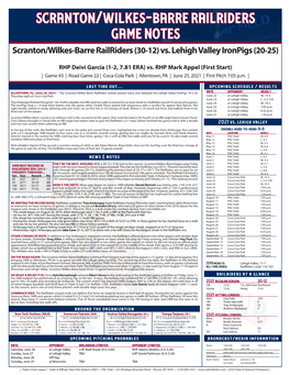 Scranton/Wilkes-Barre Railriders Game Notes Scranton/Wilkes-Barre Railriders (30-12) Vs