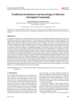 Traditional Institutions and Knowledge of Siberian Aboriginal Community