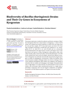 Biodiversity of Bacillus Thuringiensis Strains and Their Cry Genes in Ecosystems of Kyrgyzstan