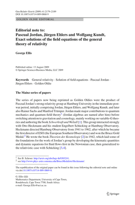 Pascual Jordan, Jürgen Ehlers and Wolfgang Kundt, Exact Solutions of the ﬁeld Equations of the General Theory of Relativity