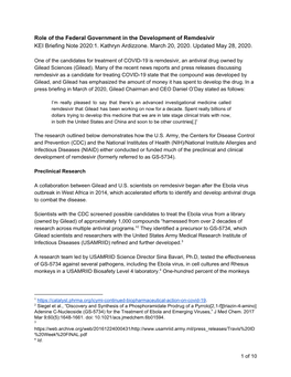 Role of the Federal Government in the Development of Remdesivir KEI Briefing Note 2020:1. Kathryn Ardizzone. March 20, 2020. Updated May 28, 2020