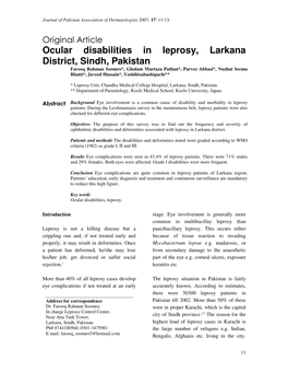 Ocular Disabilities in Leprosy, Larkana District, Sindh, Pakistan