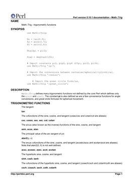 Name Synopsis Description Trigonometric Functions