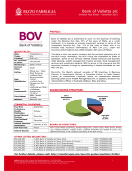 Bank of Valletta Plc Investor Fact Sheet – December 2015