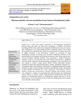 Pharmaceutically Relevant Metabolites from Lichens of Kodaikanal, India