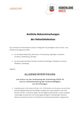 Amtliche Bekanntmachungen Des Hohenlohekreises