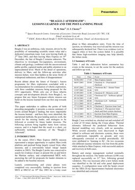 “Beagle-2 Aftermath” : Lessons Learned and the Post-Landing Phase