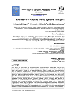 Evaluation of Airports Traffic Systems in Nigeria