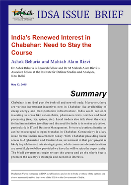 India's Renewed Interest in Chabahar: Need to Stay the Course