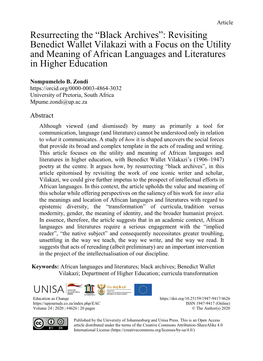 Revisiting Benedict Wallet Vilakazi with a Focus on the Utility and Meaning of African Languages and Literatures in Higher Education