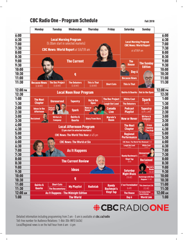 CBC Radio One - Program Schedule Fall 2018