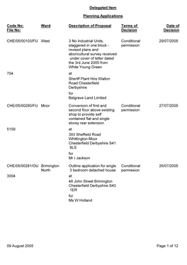 Delegated Item Planning Applications Code No: Ward Description of Proposal Terms of Date of File No: Decision Decision CHE/05/0