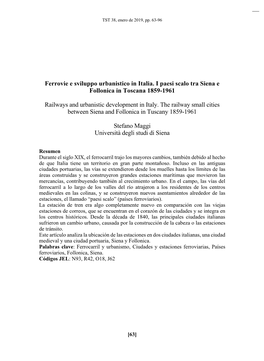 Ferrovie E Sviluppo Urbanistico in Italia. I Paesi Scalo Tra Siena E Follonica in Toscana 1859-1961