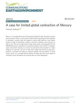 A Case for Limited Global Contraction of Mercury ✉ Thomas R