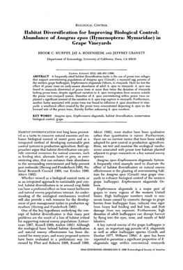 Habitat Diversification for Improving Biological Control: Abundance of Anagrus Epos (Hymenoptera: Mymaridae) in Grape Vineyards