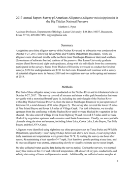 2017 Annual Report: Survey Pf American Alligators (Alligator Mississippiensis) in the Big Thicket National Preserve Matthew I