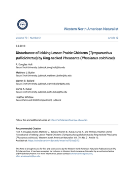 Disturbance of Lekking Lesser Prairie-Chickens (Tympanuchus Pallidicinctus) by Ring-Necked Pheasants (Phasianus Colchicus)