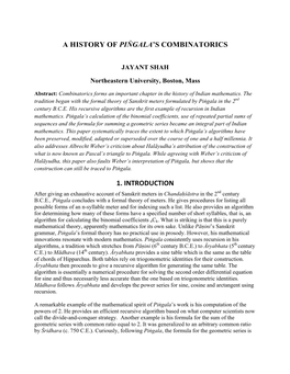 A History of Piṅgala's Combinatorics 1