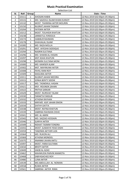 Music Practical Examination Selection List SL Roll Group Name Date - Time 1 10111 1 AHOSAN HABIB 12-Nov-2019 (02:00Pm-05:00Pm) 2 10115 1 MD