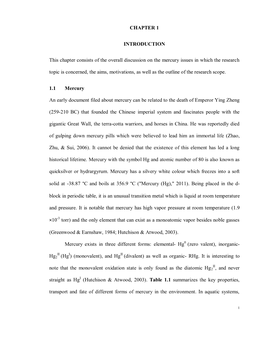 CHAPTER 1 INTRODUCTION This Chapter Consists of the Overall Discussion on the Mercury Issues in Which the Research Topic Is Conc